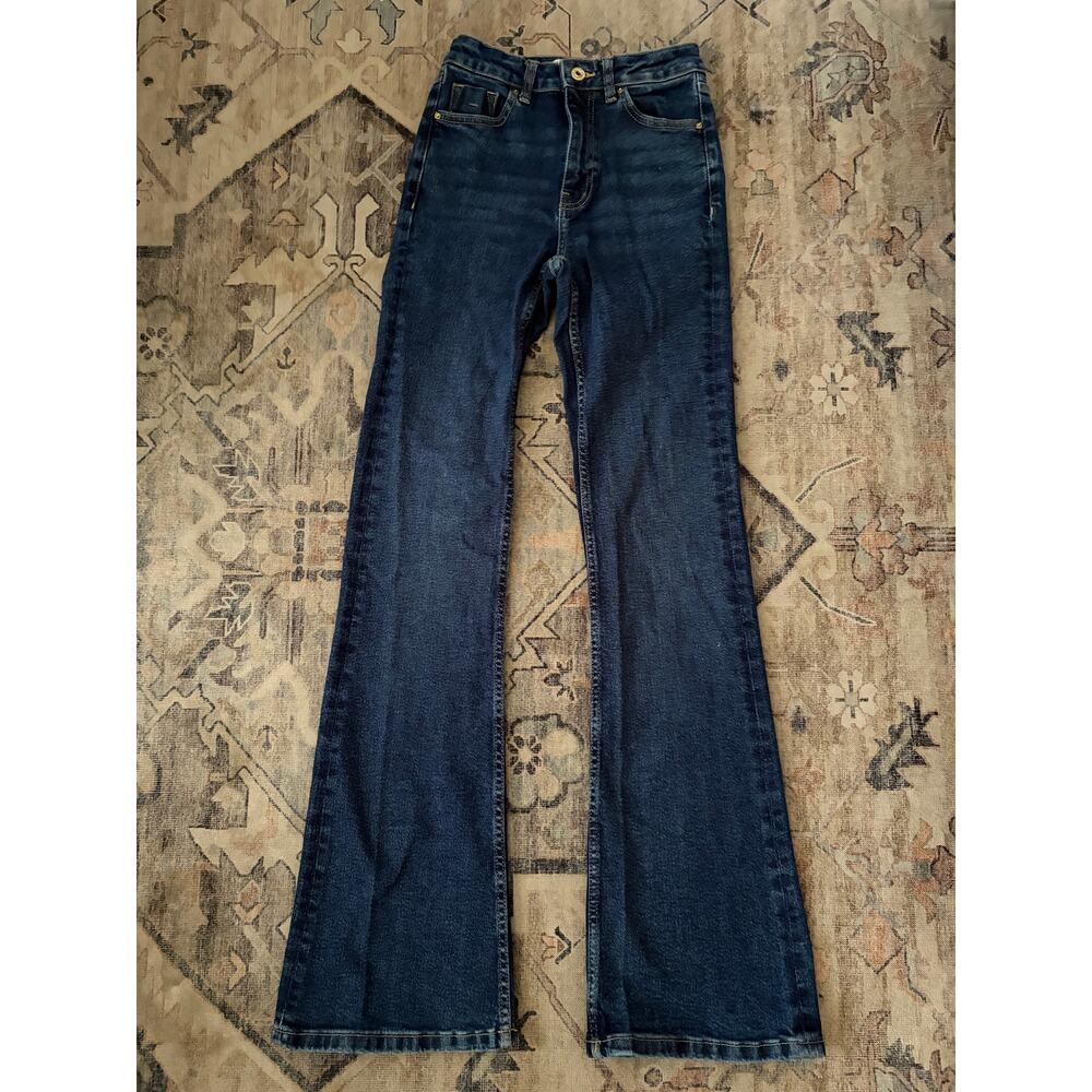 Zara Womens US 2 Blue High Rise Flare Jeans Wide Leg Dark Wash